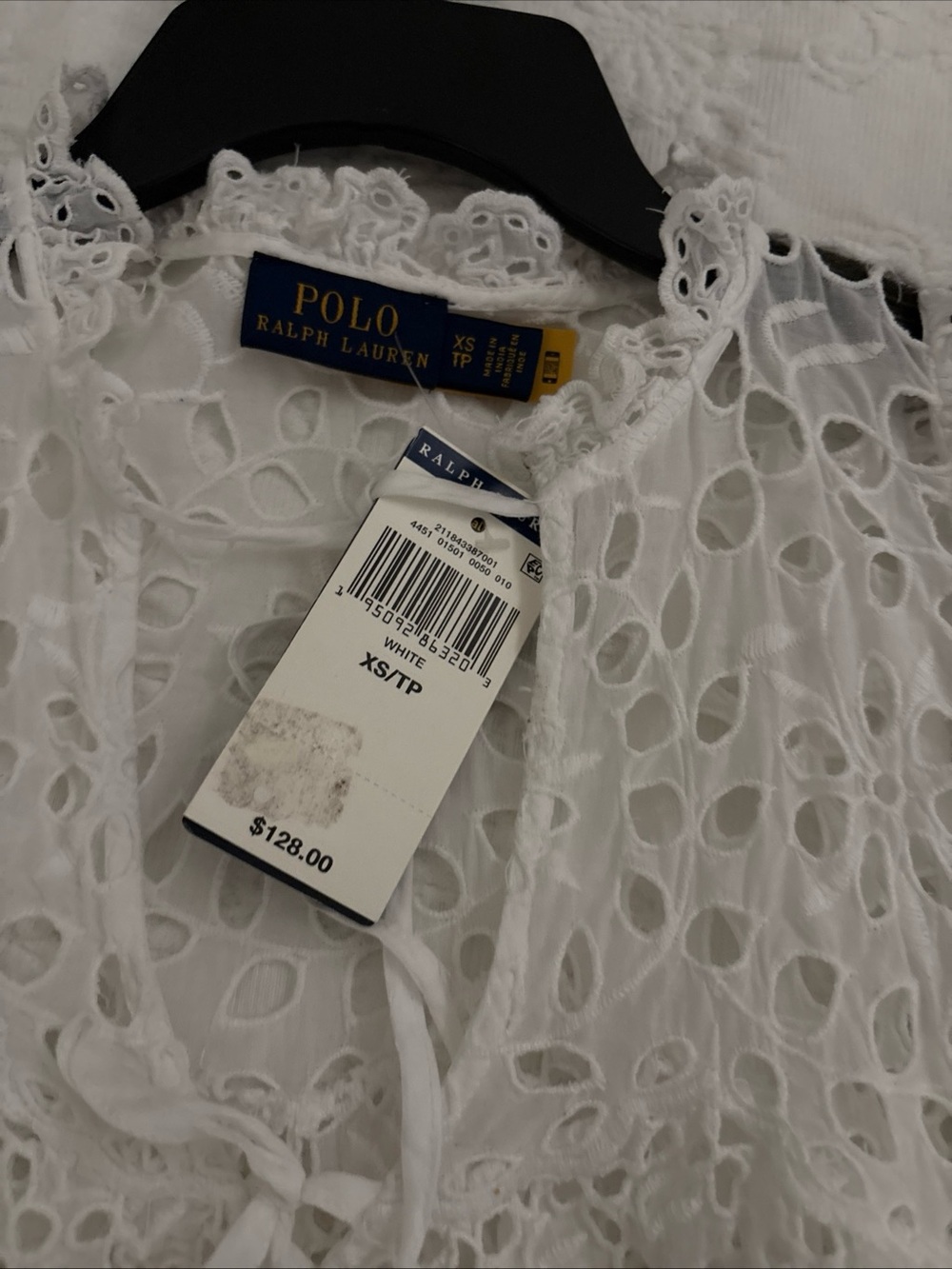 Polo Ralph Laurent boho White Lace Tie-Neck Women's Top - Picture 5 of 7